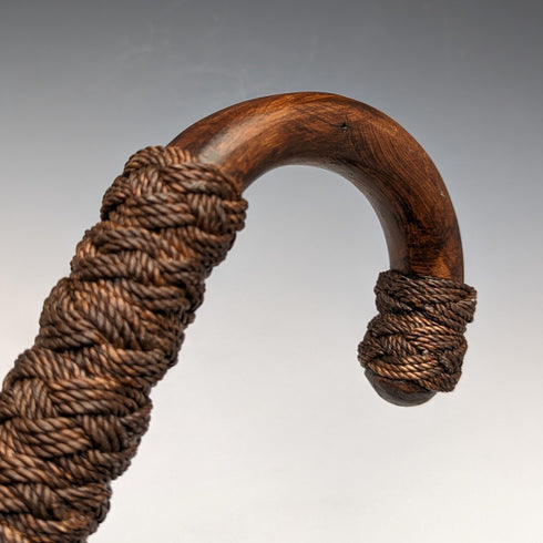 British Vintage Men's Cane, Hemp String Curved Handle, Extra Thick Brown Shaft, 90cm